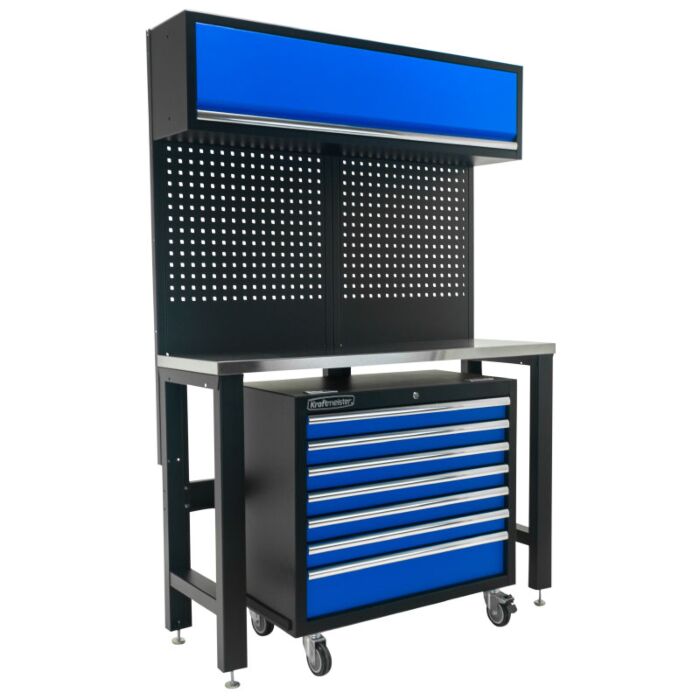 Kraftmeister Standard banco di lavoro con armadio a muro e carrello porta attrezzi inox 136 cm blu